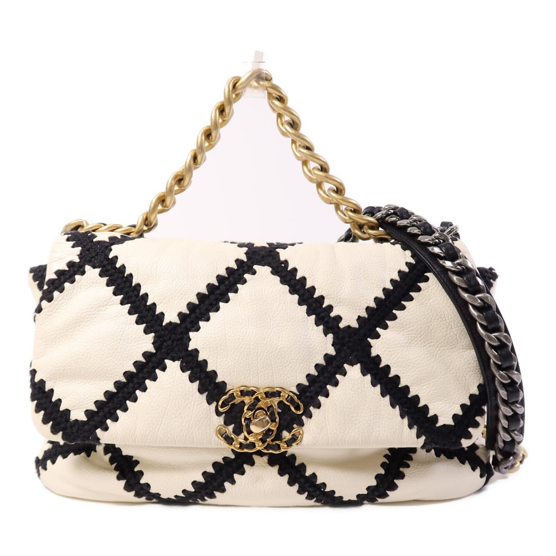 Chanel 19 Large Two-Way Calfskin Leather Shoulder Bag White and Black: Chanel 19 Large Two-Way Calfskin Leather Shoulder Bag White and Black This Chanel 19 large 2-way shoulder bag features a white calfskin leather exterior with black accents. Designed for versatility, i
