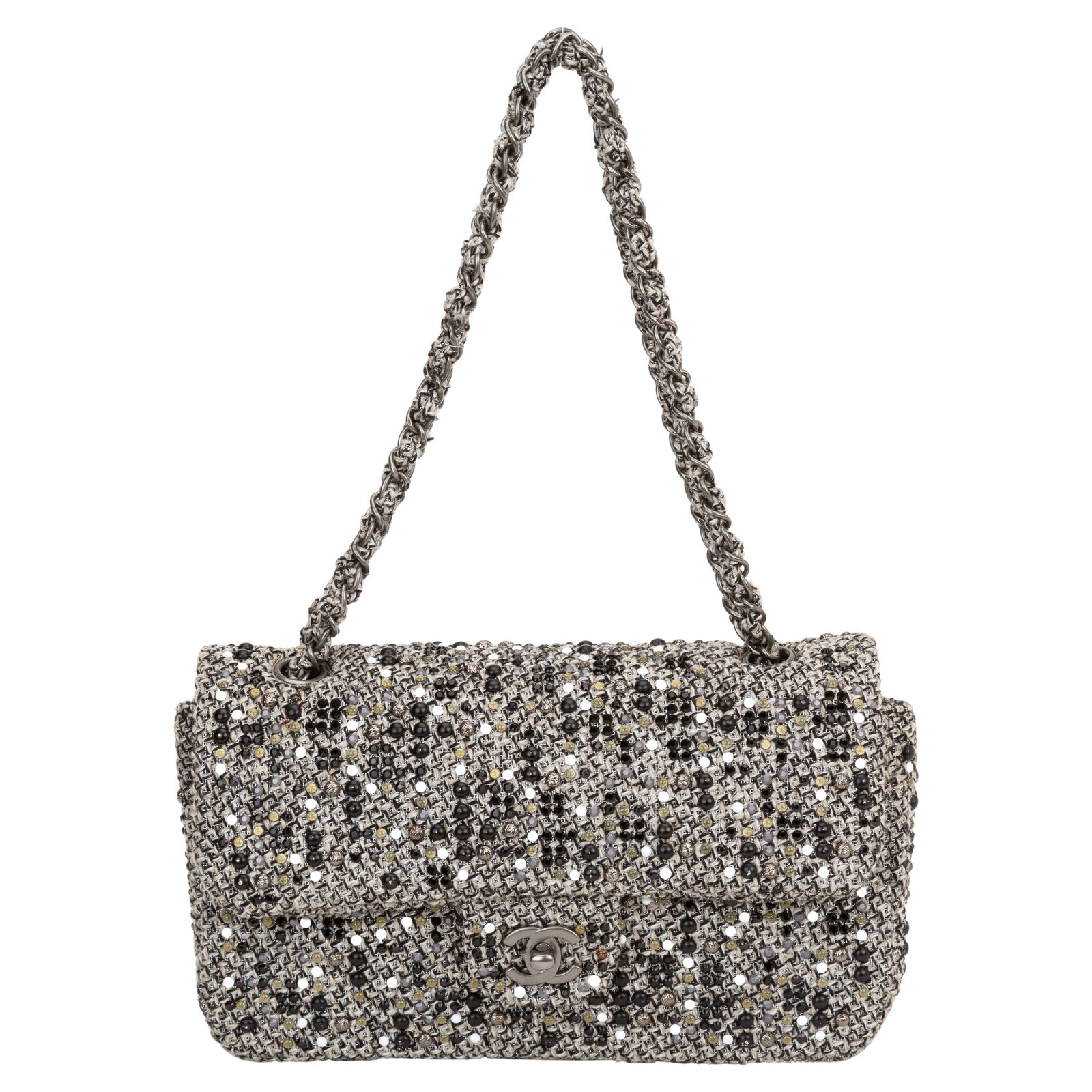 Chanel Collection 17 Woven Tweed Flap Bag with Authenticity Card: Chanel Collection 17 Woven Tweed Flap Bag with Authenticity Card This exquisite Chanel Woven Tweed Flap Bag showcases a sophisticated blend of grey and black tweed, adorned with white, metallic, and g