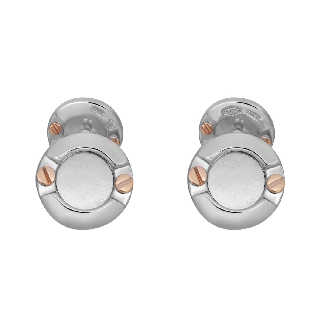 Baraka 18K White Gold Round Cufflinks with Rose Gold Accents: Baraka 18K White Gold Round Cufflinks with Rose Gold Accents Elevate your formal attire with these exquisite Baraka cufflinks, showcasing a round shape crafted from luxurious 18K white gold. The desig