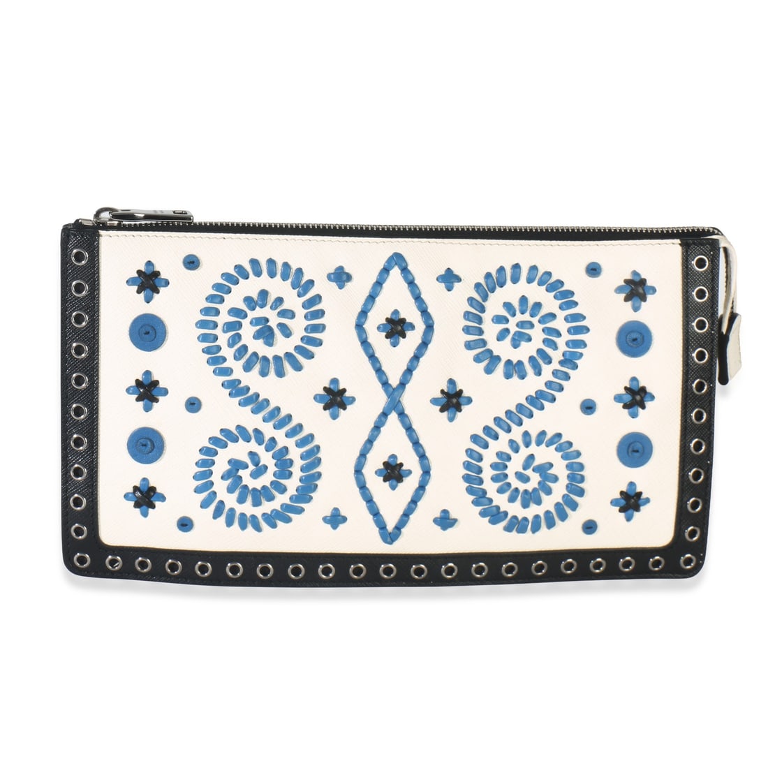 Embroidered Eyelet Leather Clutch in Black and White by Prada (1 of 8)
