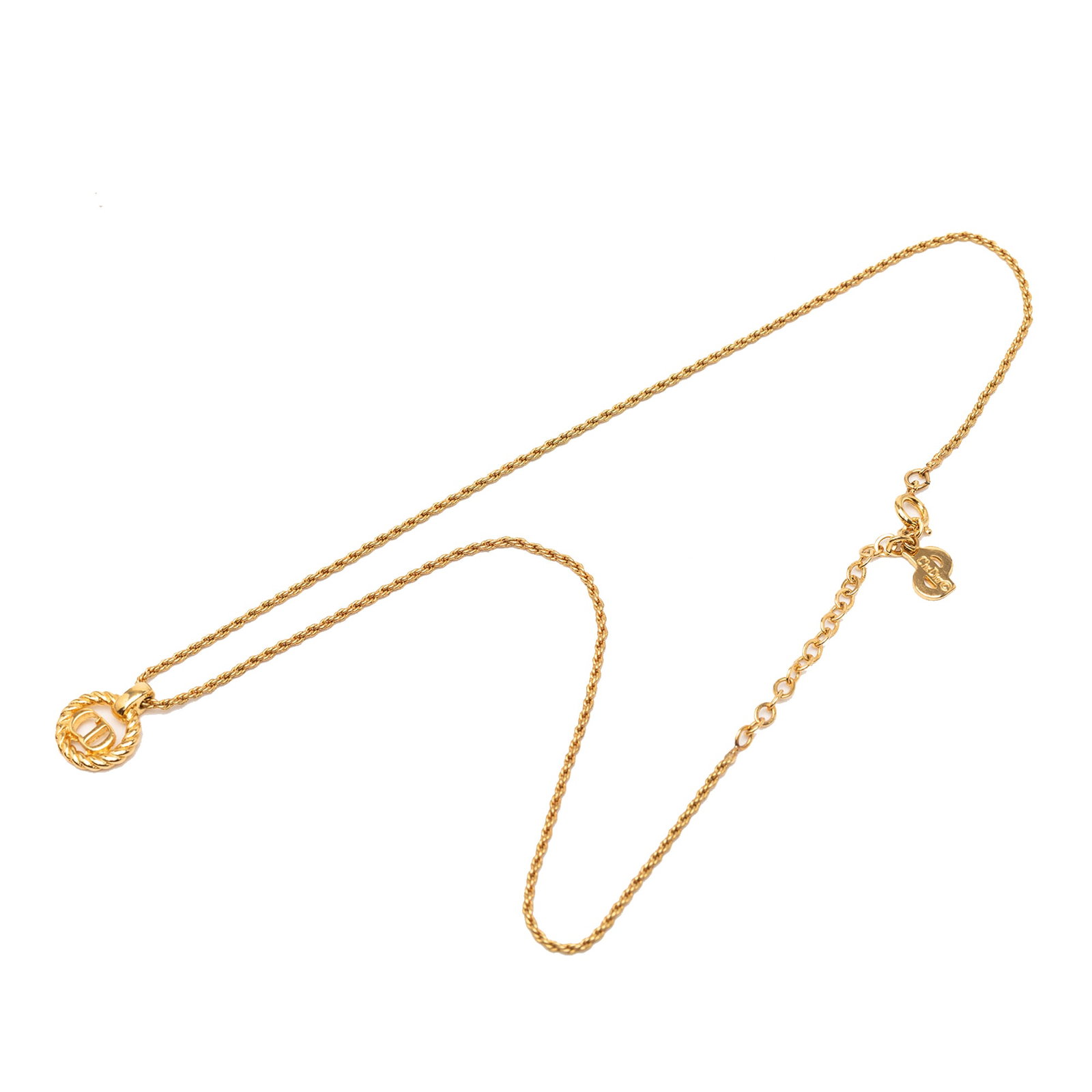 Dior Rope Chain Necklace with Gold Plated CD Pendant: Dior Rope Chain Necklace with Gold Plated CD Pendant This Dior necklace features a gold tone metal body with a CD logo pendant and a rope chain design. It is secured with a spring ring closure. The ne