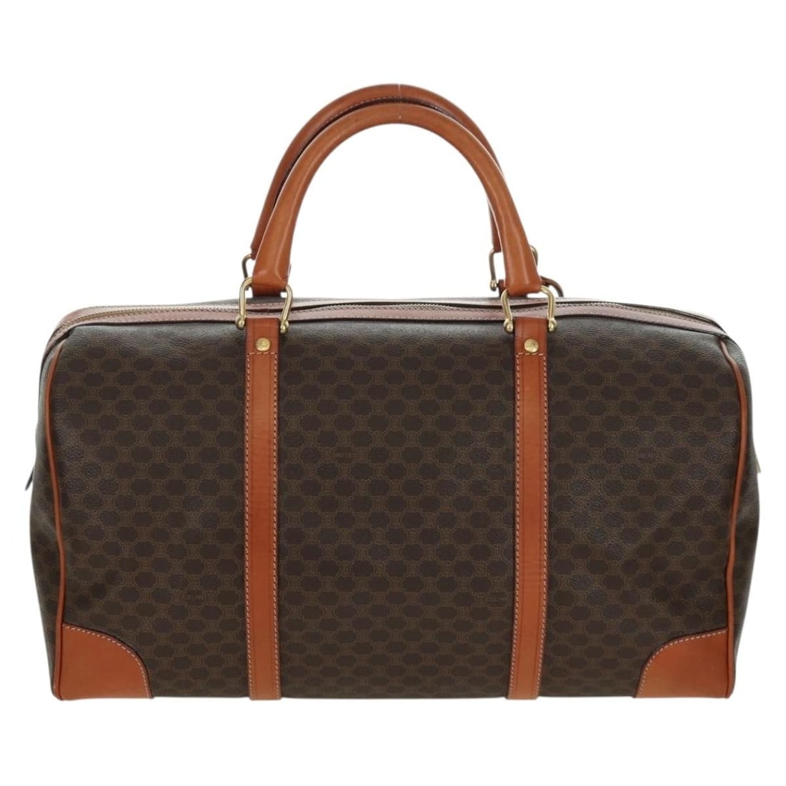 Celine Macadam Brown PVC Boston Bag with Leather Trim and Gold Details: Celine Macadam Brown PVC Boston Bag with Leather Trim and Gold Details This CELINE Boston Bag features the iconic Macadam canvas with PVC leather accents in brown and gold tones. Designed for women, t