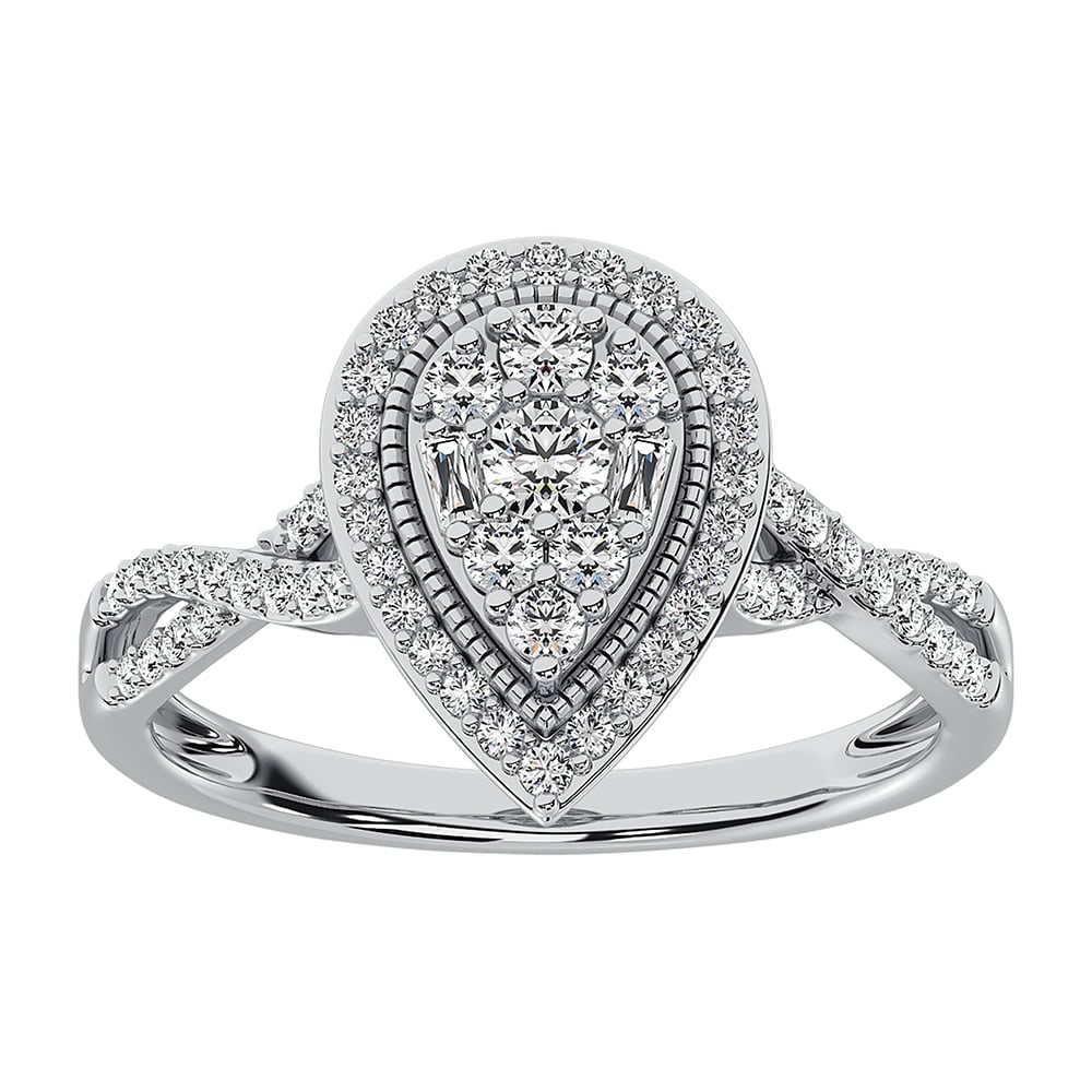 14K White Gold 1/2 Ct.Tw. Diamond Pear Shape Engagement Ring: 14K White Gold 1/2 Ct.Tw. Diamond Pear Shape Engagement Ring 14k White Gold Stone Color: G-h Stone Clarity: I1 Each ring is presented in standard size 6.5. Complimentary resizing is available between