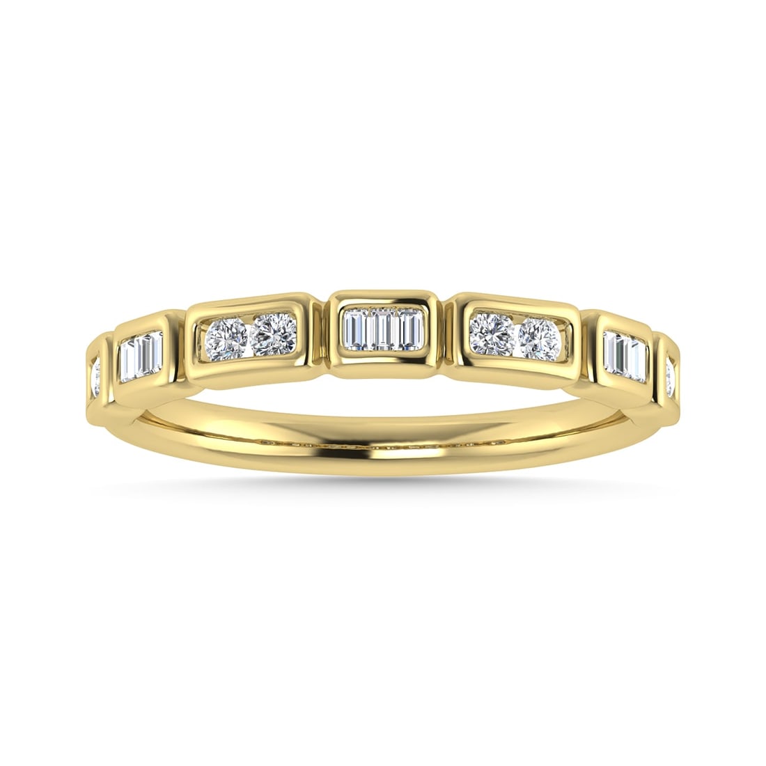 Diamond 1/5 Ct.Tw. Round and Straight Baguette Stack Band in 14K Yellow Gold: Diamond 1/5 Ct.Tw. Round and Straight Baguette Stack Band in 14K Yellow Gold 14k Yellow Gold Stone Color: G-h Stone Clarity: I1 Each ring is presented in standard size 6.5. Complimentary resizing is a