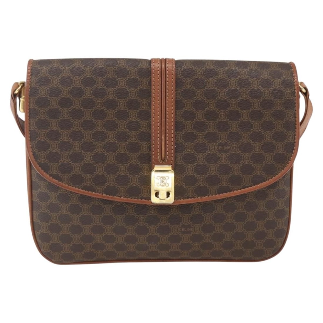 Celine Macadam Canvas and Leather Shoulder Bag Vintage Style: Celine Macadam Canvas and Leather Shoulder Bag Vintage Style This vintage Celine Macadam shoulder bag for women features a brown canvas body with leather accents. It has a compact silhouette measuring