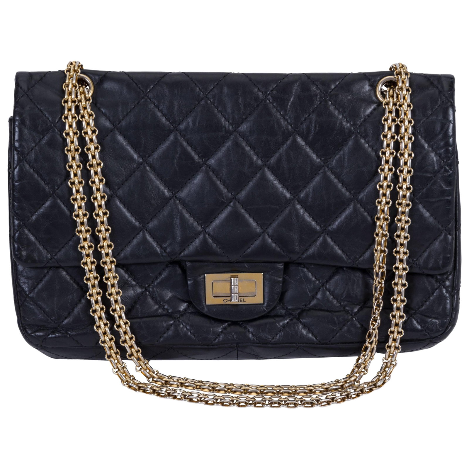 Chanel Black Distressed Leather Jumbo Reissue Flap Bag Gold Tone Hardware: Chanel Black Distressed Leather Jumbo Reissue Flap Bag Gold Tone Hardware This Chanel Black Reissue Gold Jumbo Flap Bag is a luxurious accessory, crafted from black distressed leather and featuring el