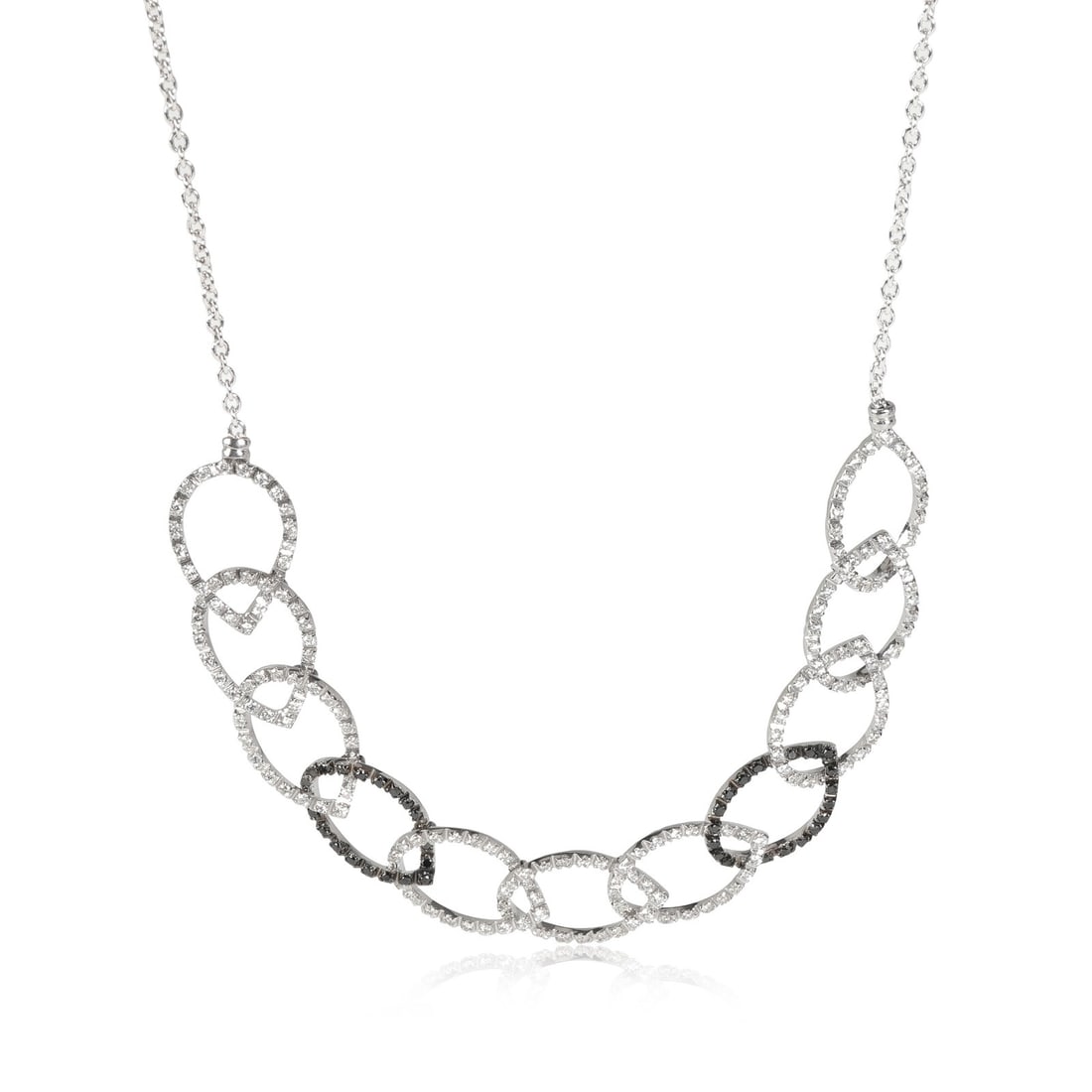 18k White Gold Diamond Necklace with Pear Loop Motifs 1.77 Carat: 18k White Gold Diamond Necklace with Pear Loop Motifs 1.77 Carat This women's fashion necklace features a black and white looped pear shape motif set with round brilliant diamonds. Crafted in 18k whit