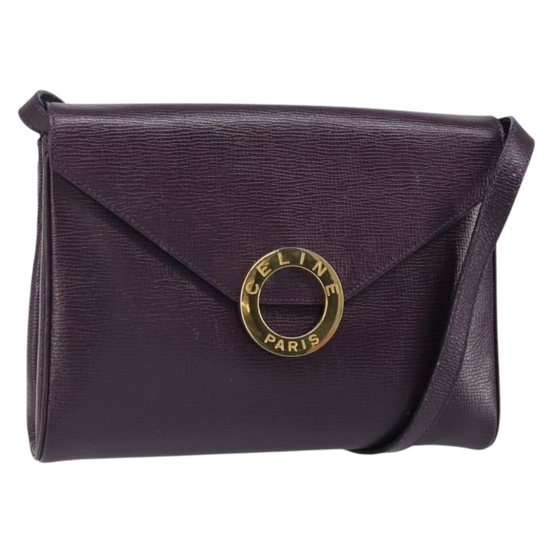 CELINE Purple Leather Circle Shoulder Bag with Gold Accent and Dust Bag: CELINE Purple Leather Circle Shoulder Bag with Gold Accent and Dust Bag This Celine Circle shoulder bag features a purple and gold leather exterior with gold-tone accents. The bag offers a compact, el