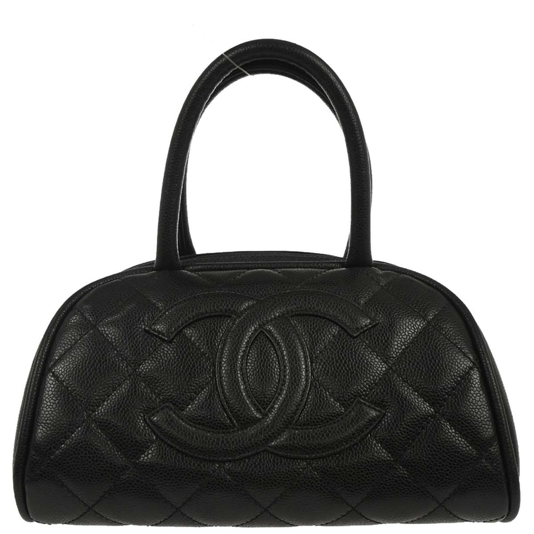Medium Black Caviar Leather Bowling Bag by Chanel with Double Handles: Medium Black Caviar Leather Bowling Bag by Chanel with Double Handles This Chanel top handle bowling bag features durable black caviar skin leather with double handles and a zipper closure. The medium