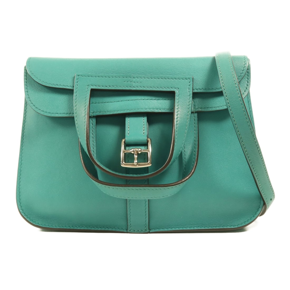 HERMES Halzan Mini 2way Shoulder Bag Swift Leather Bleu Paon: HERMES Halzan Mini 2way Shoulder Bag Swift Leather Bleu Paon The HERMES Halzan Mini 2way Shoulder Bag is a versatile accessory crafted from high-quality calfskin leather, showcasing a stunning Bleu Pa