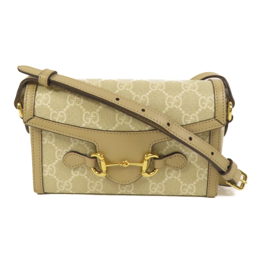 Gucci Horsebit 1955 GG Canvas Beige Shoulder Bag With Gold Hardware: Gucci Horsebit 1955 GG Canvas Beige Shoulder Bag With Gold Hardware This Gucci Horsebit 1955 shoulder bag is crafted from beige PVC coated canvas and features the iconic GG pattern. Designed for women
