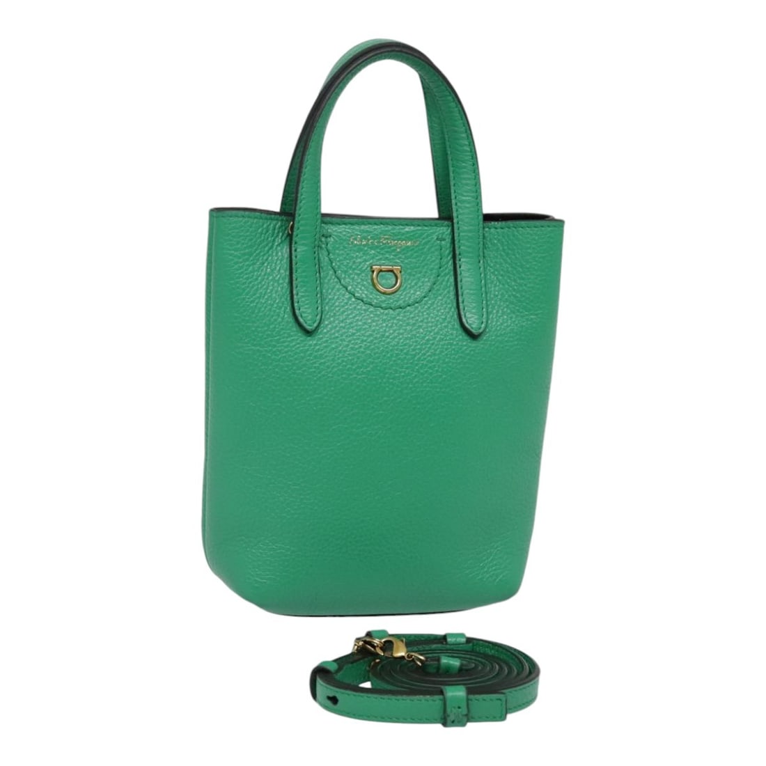 Green Leather Salvatore Ferragamo Convertible Handbag with Gold Tone Accents: Green Leather Salvatore Ferragamo Convertible Handbag with Gold Tone Accents This Salvatore Ferragamo handbag features a 2-way design crafted from green leather with gold-tone accents. Designed for wo