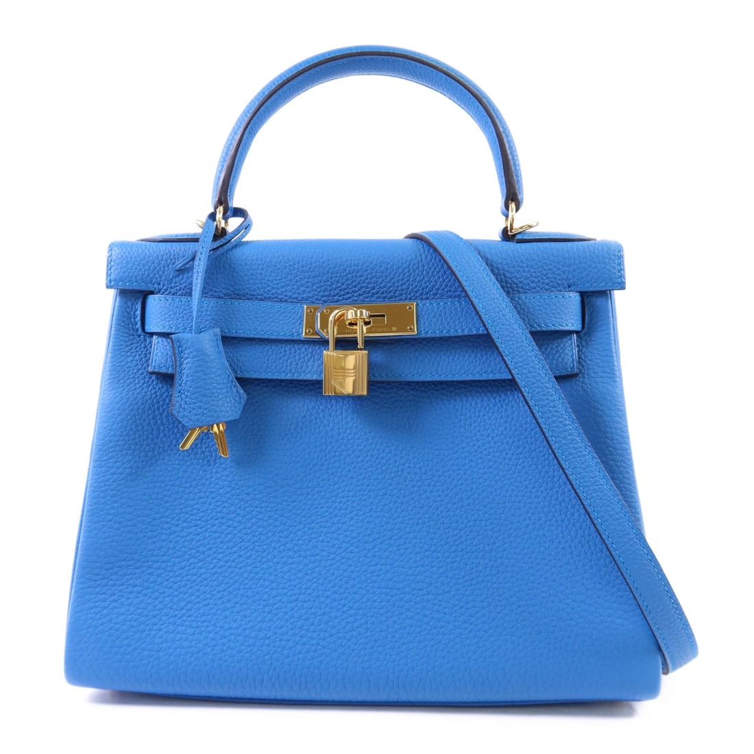 Hermes Kelly 28 Bleu Zanzibar Epsom Leather Shoulder Bag with Gold Hardware: Hermes Kelly 28 Bleu Zanzibar Epsom Leather Shoulder Bag with Gold Hardware This Hermes Kelly 28 bag is crafted from Epsom calfskin leather in a striking Bleu Zanzibar shade. Designed in a versatile 2