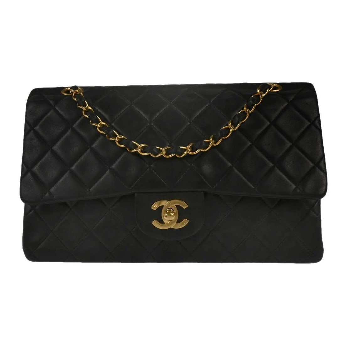 Chanel Medium Classic Double Flap Black Lambskin Shoulder Bag: Chanel Medium Classic Double Flap Black Lambskin Shoulder Bag This Chanel Classic Double Flap shoulder bag is crafted from black lambskin leather and features a medium size with a structured silhouett