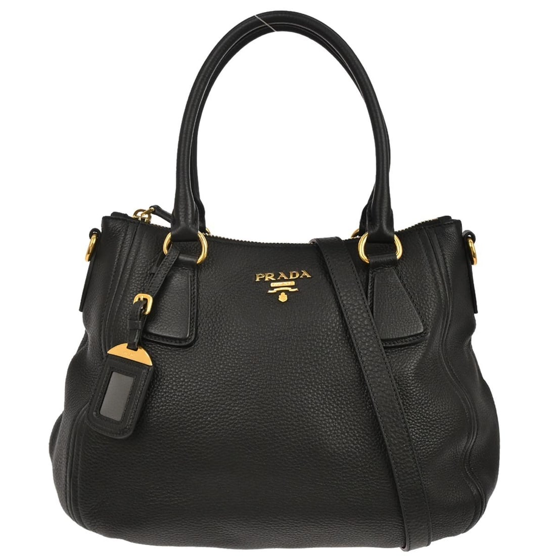 Prada Medium Black Leather Top Handle 2way Bag with Logo Accent: Prada Medium Black Leather Top Handle 2way Bag with Logo Accent This Prada black leather handbag features a versatile 2-way design with top handles, making it suitable for casual occasions. The medium