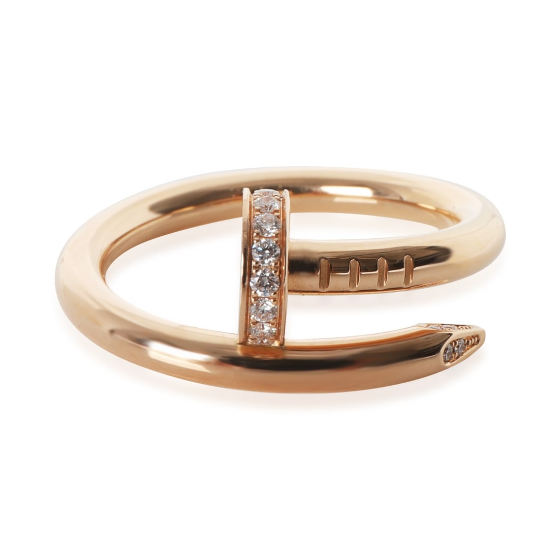 Juste Un Clou Diamond Ring in 18k Rose Gold with Box and Papers: Juste Un Clou Diamond Ring in 18k Rose Gold with Box and Papers This Cartier Juste Un Clou ring is crafted in 18k rose gold and features round brilliant white diamonds with a total carat weight of 0.1