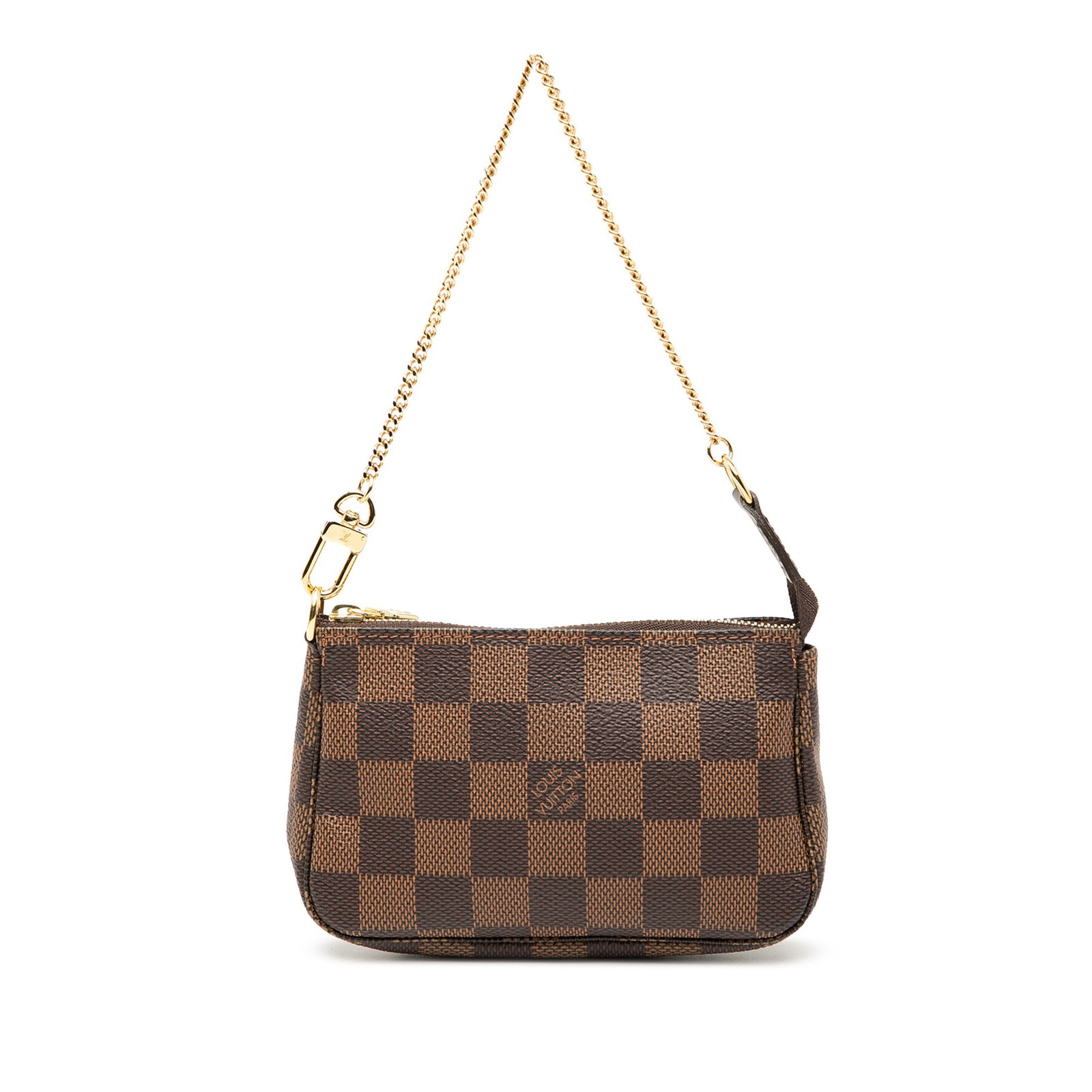 Louis Vuitton Mini Pochette Accessoires Damier Ebene Canvas Pouch with Chain Strap: Louis Vuitton Mini Pochette Accessoires Damier Ebene Canvas Pouch with Chain Strap This Louis Vuitton Damier Ebene Mini Pochette Accessoires features a classic damier canvas body with a gold-tone chai