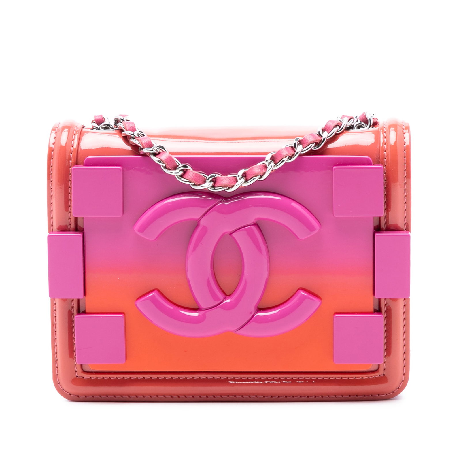 Chanel Boy Brick Mini Pink Patent and Acrylic Crossbody Bag: Chanel Boy Brick Mini Pink Patent and Acrylic Crossbody Bag This Chanel Mini Ombre Acrylic and Patent Boy Brick Flap crossbody bag features an acrylic and patent leather body, a leather-woven chain st
