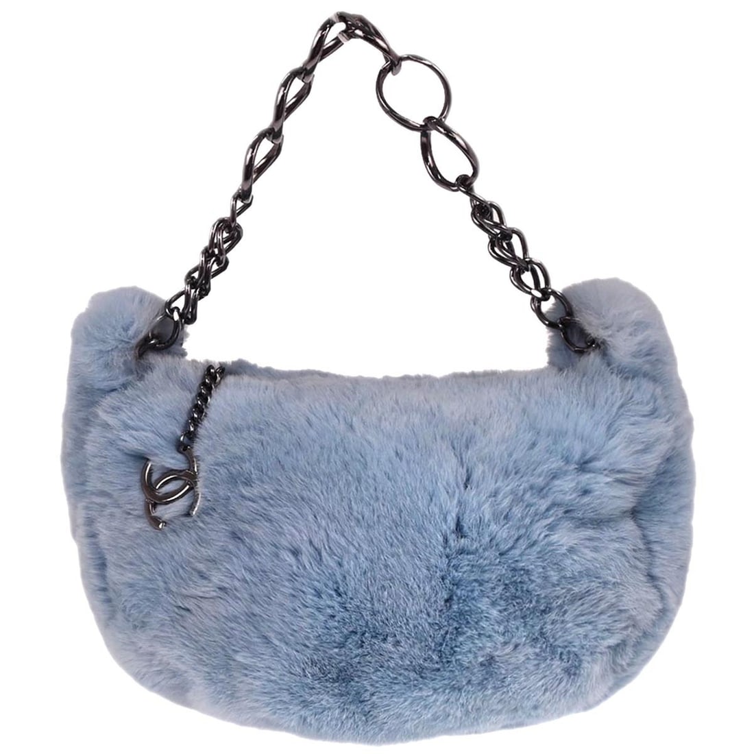 Blue Lapin Fur Chain Hobo Bag by Chanel for Women: Blue Lapin Fur Chain Hobo Bag by Chanel for Women This Chanel Chain Hobo is crafted from luxurious blue fur and designed for women. The handbag features a distinctive chain detail and offers both styl