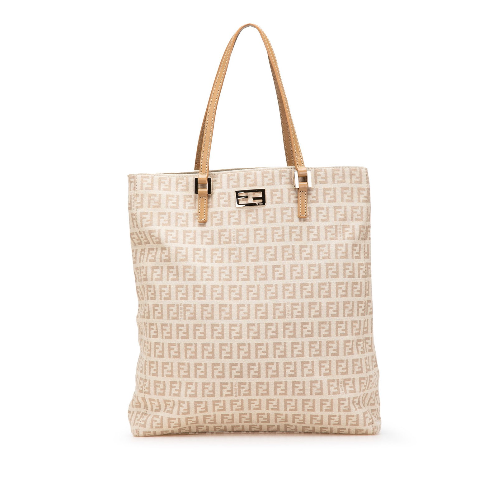 Brown Zucchino Canvas Tote Bag with Leather Handles by Fendi: Brown Zucchino Canvas Tote Bag with Leather Handles by Fendi This Fendi Zucchino Canvas Tote features a durable canvas body with flat leather handles, an open top design, and an interior zip compartme