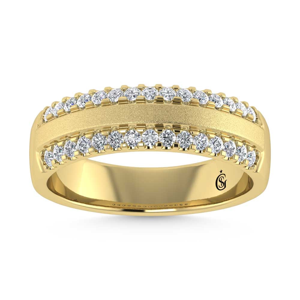14K Yellow Gold Lab Grown Diamond 1/3 Ct.Tw. Machine Band: 14K Yellow Gold Lab Grown Diamond 1/3 Ct.Tw. Machine Band 14k Yellow Gold Stone Color: G-h Stone Clarity: Si Each ring is presented in standard size 6.5. Complimentary resizing is available between si