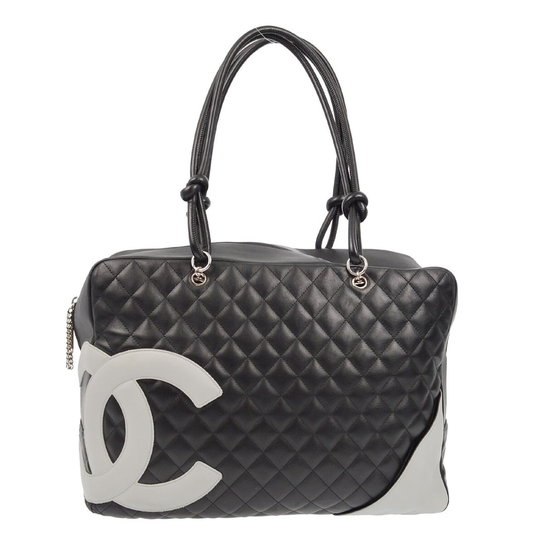 Cambon Ligne Large Black Quilted Calfskin Top Handle Bag by Chanel: Cambon Ligne Large Black Quilted Calfskin Top Handle Bag by Chanel This Chanel Cambon Ligne handbag features luxurious black calfskin leather with a quilted matelasse pattern and iconic logo accent. D