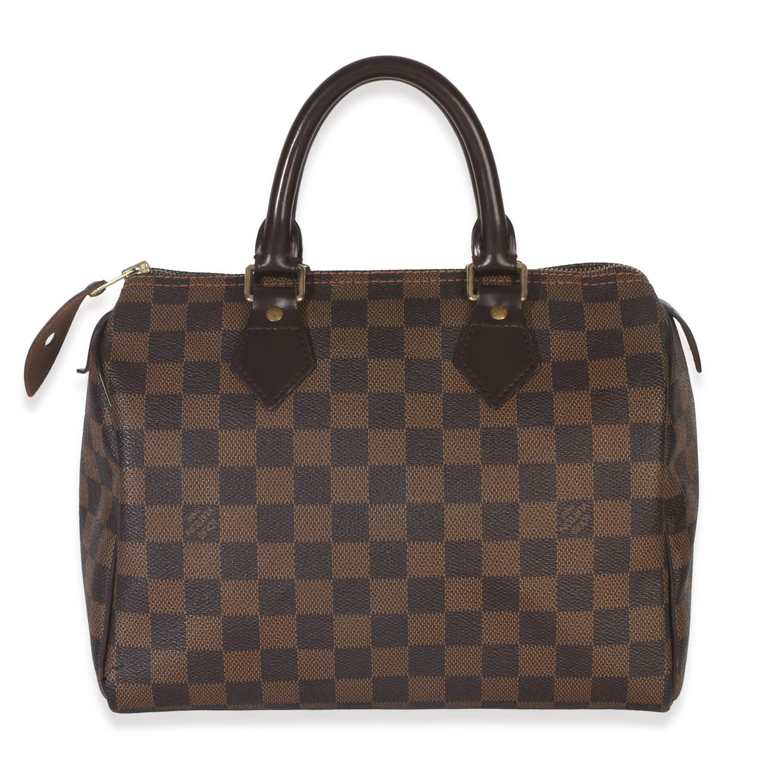 Louis Vuitton Speedy 25 Damier Ebene Brown Canvas Top Handle Bag with Lock and Key: Louis Vuitton Speedy 25 Damier Ebene Brown Canvas Top Handle Bag with Lock and Key This Louis Vuitton Damier Ebene Canvas Speedy 25 handbag features a brown coated canvas exterior with gold-tone hardw