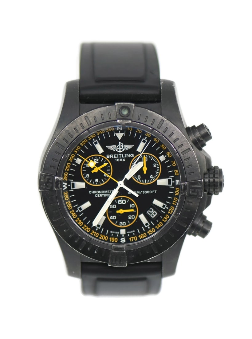 Breitling Avenger Seawolf M73390 Stainless Steel Black Quartz Watch: Breitling Avenger Seawolf M73390 Stainless Steel Black Quartz Watch This Breitling Avenger Seawolf is a robust wristwatch designed for durability and style. The watch features a striking black dial an