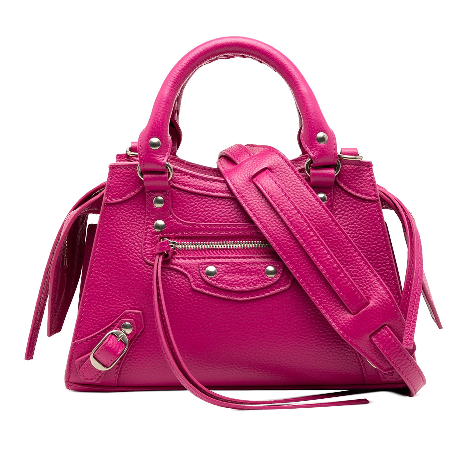 Mini Motocross Neo Classic City Pink Leather Satchel by Balenciaga: Mini Motocross Neo Classic City Pink Leather Satchel by Balenciaga This Balenciaga Mini Grained Calfskin Motocross Neo Classic City Satchel is crafted from pink leather and features rolled leather han