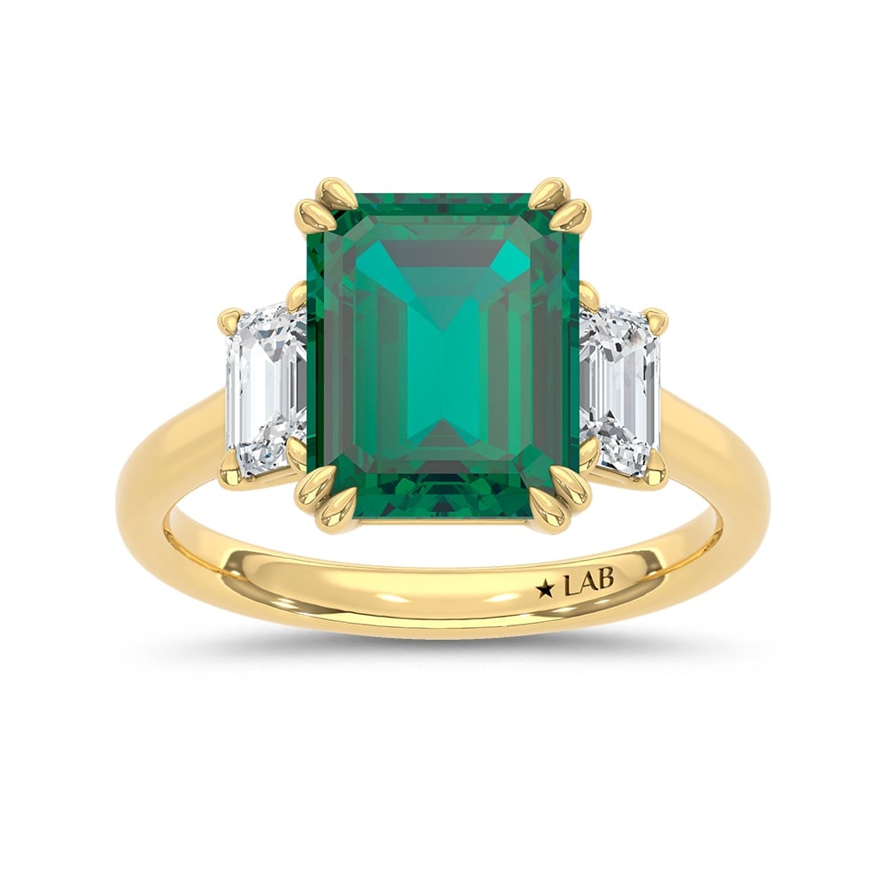14K Yellow Gold Lab Grown Diamond 4 Ct.Tw. Cushion Shape Recrystalized Emerald Engagement Ring: 14K Yellow Gold Lab Grown Diamond 4 Ct.Tw. Cushion Shape Recrystalized Emerald Engagement Ring (Center 3 ct) Celebrate elegance with this 14K yellow gold engagement ring. Its centerpiece is a dazzling