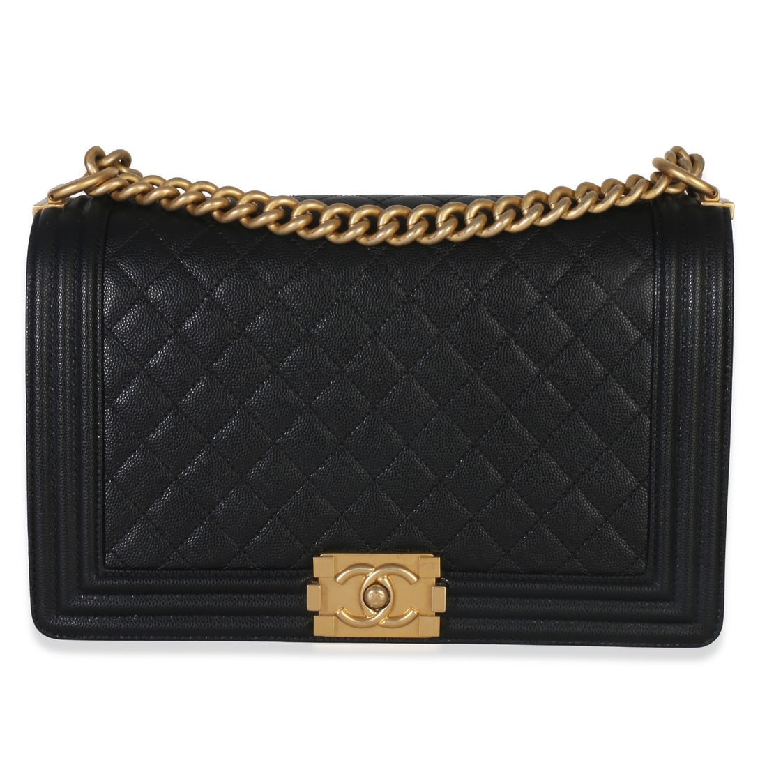 Chanel New Medium Boy Black Quilted Leather Crossbody Shoulder Bag: Chanel New Medium Boy Black Quilted Leather Crossbody Shoulder Bag This Chanel New Medium Boy Bag features a black quilted leather exterior, gold-tone hardware, and a push lock closure. Designed for v
