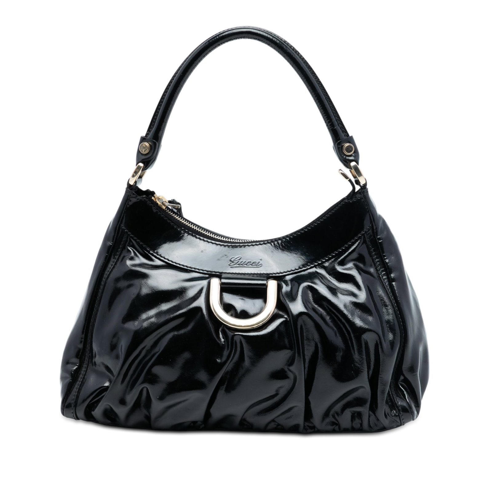 Black Patent Leather Abbey D-Ring Bag by Gucci: Black Patent Leather Abbey D-Ring Bag by Gucci This handbag features a black patent leather body with a rolled leather handle and a distinctive D-ring detail. It is equipped with a top zip closure and