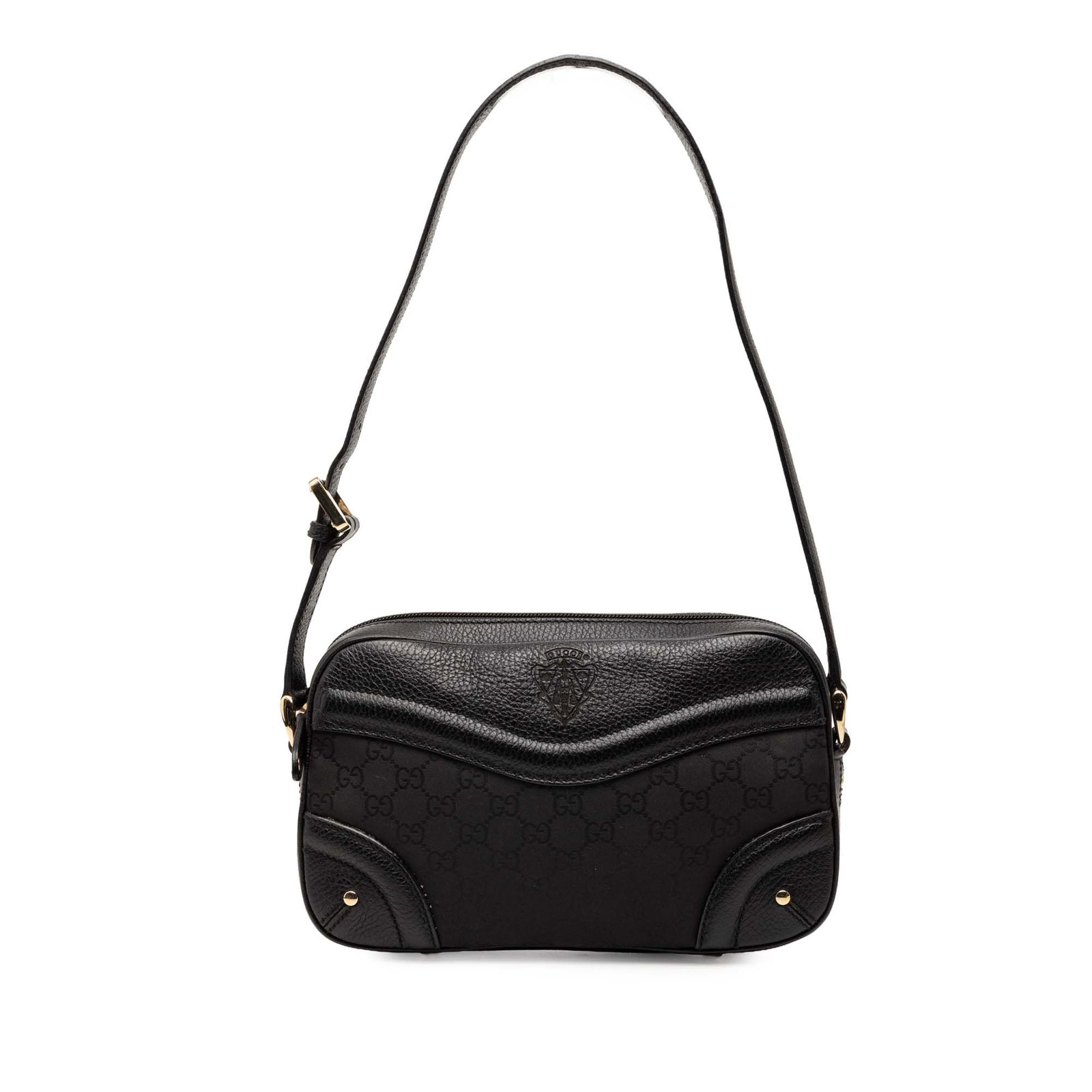 Black GG Nylon Crest Shoulder Bag by Gucci with Leather Strap (1 of 9)