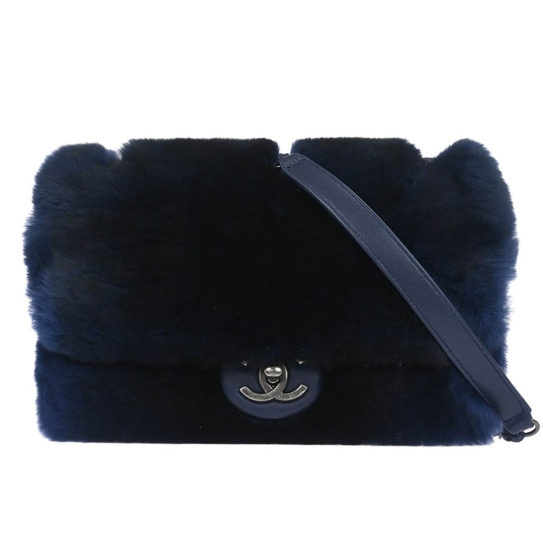 Chanel Lapin Fur Navy Medium Shoulder Bag with Logo Accent (1 of 10)