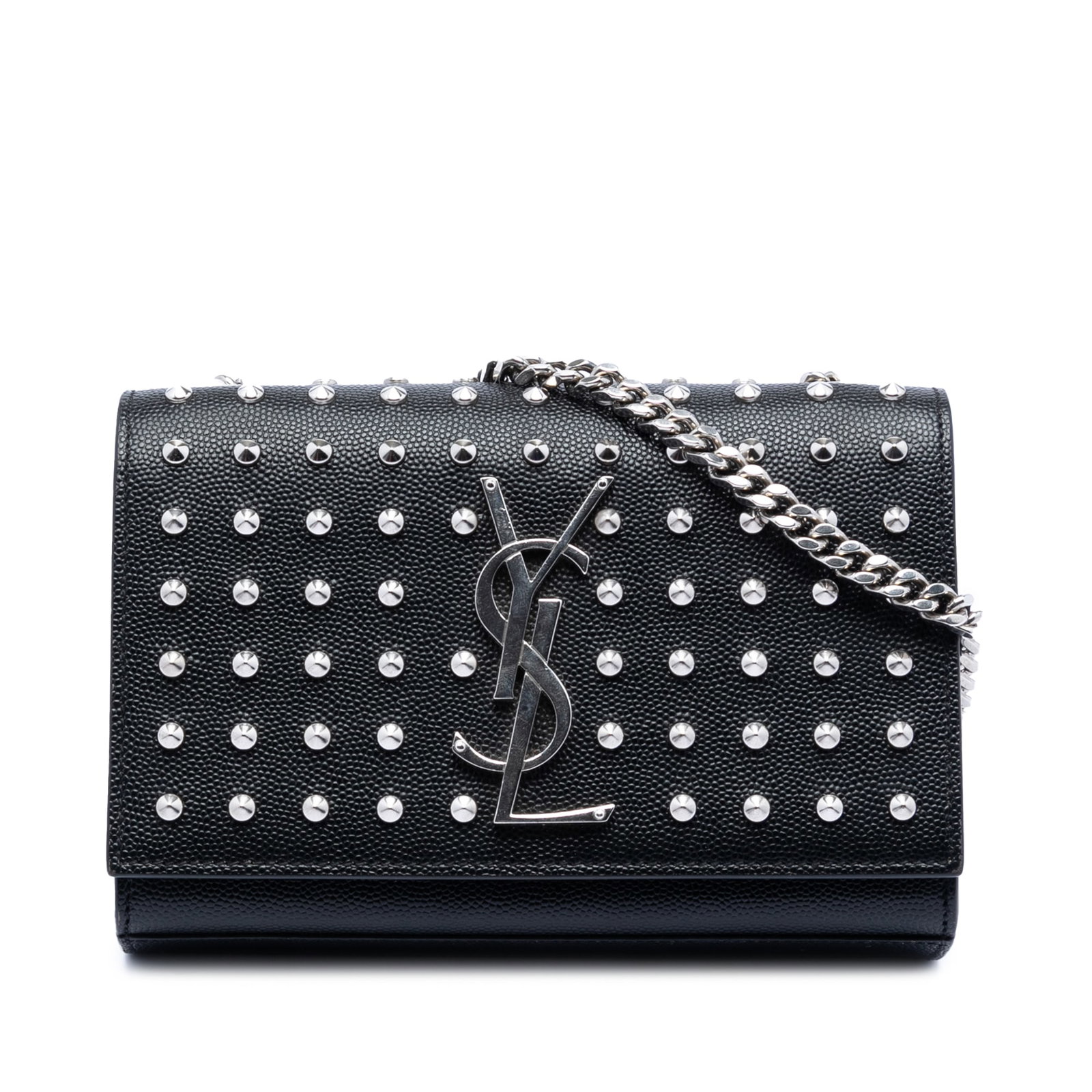 Black Leather Kate Mini Shoulder Bag by Saint Laurent with Studded Detailing: Black Leather Kate Mini Shoulder Bag by Saint Laurent with Studded Detailing This Saint Laurent Mini Grain De Poudre Studded Kate Shoulder Bag features a black leather body adorned with stud details a