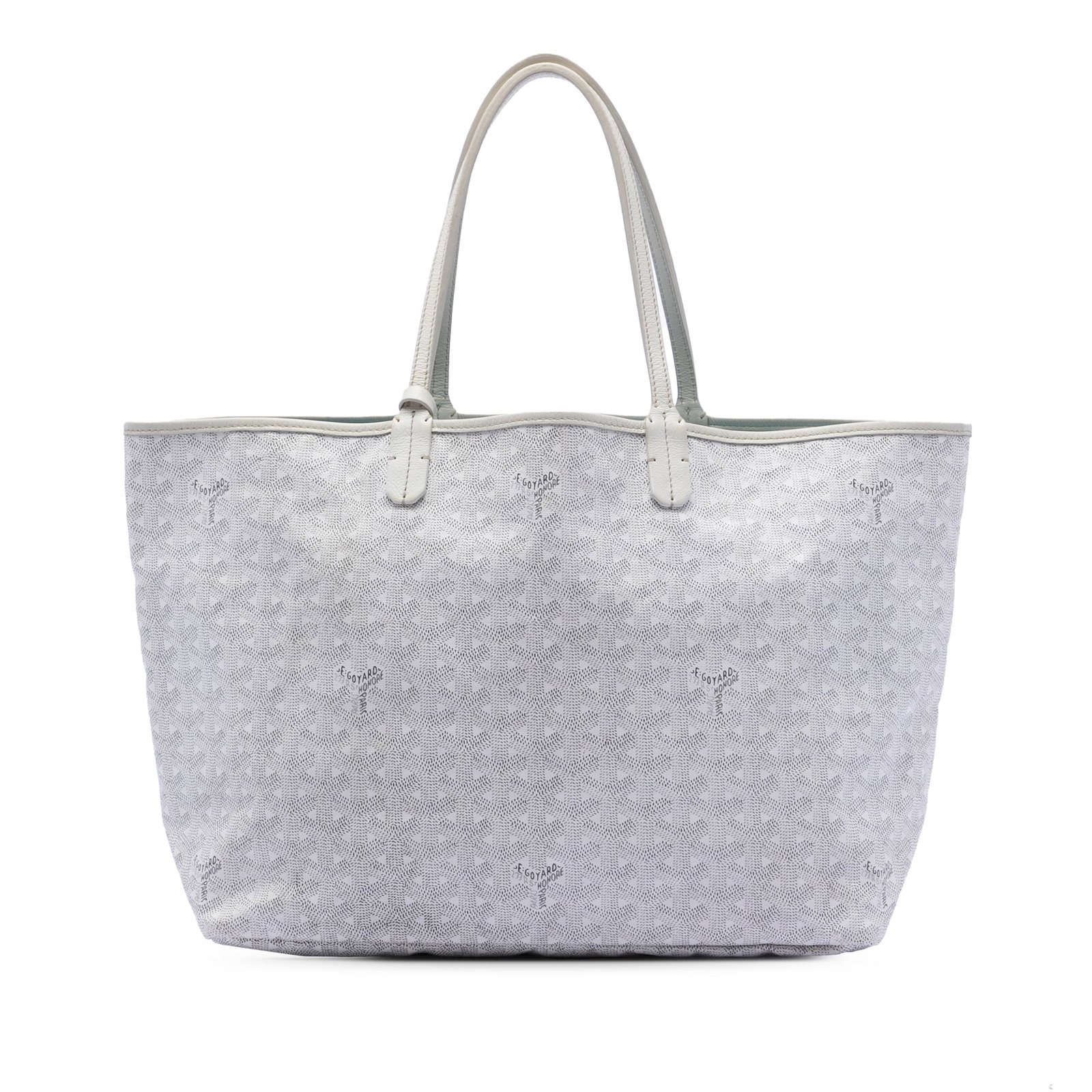Goyard Saint Louis PM White Coated Canvas Tote with Leather Handles: Goyard Saint Louis PM White Coated Canvas Tote with Leather Handles This Goyardine Saint Louis PM features a coated canvas body with flat leather straps and an open top. The bag is presented in white