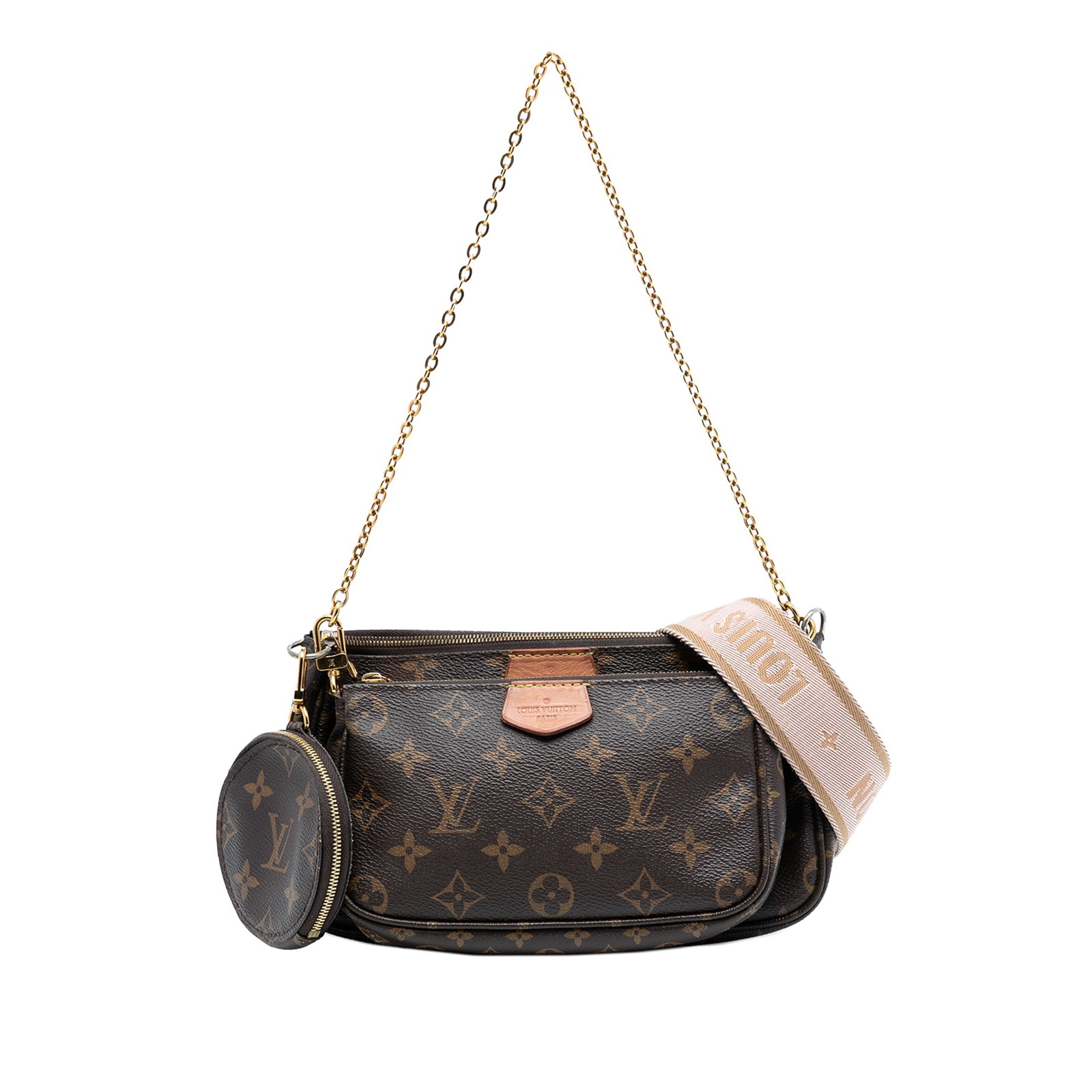 Louis Vuitton Multi Pochette Monogram Canvas Bag with Removable Pouches: Louis Vuitton Multi Pochette Monogram Canvas Bag with Removable Pouches The Louis Vuitton Monogram Multi Pochette Accessoires is crafted from signature monogram canvas and features a detachable chain