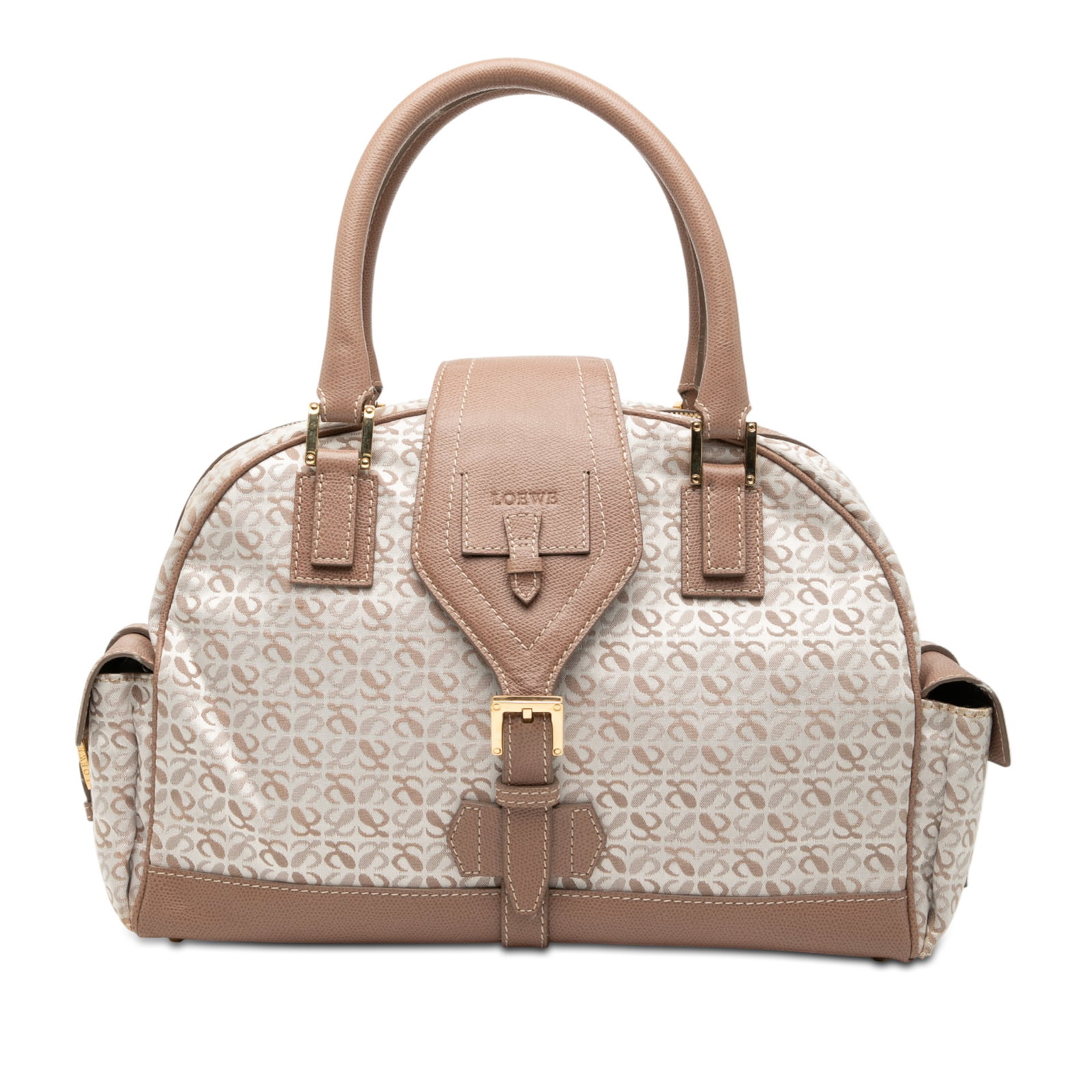 Loewe Anagram Pattern Canvas Bag with Leather Trim Brown: Loewe Anagram Pattern Canvas Bag with Leather Trim Brown This LOEWE Anagram Canvas Handbag features a canvas body with leather trim, rolled leather handles, a top strap with slip-through closure, top