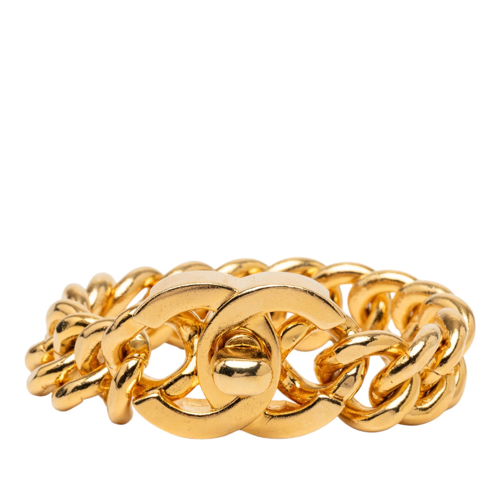 Chanel Costume Bracelet with Gold Tone CC Turn Lock Closure: Chanel Costume Bracelet with Gold Tone CC Turn Lock Closure This Chanel bracelet features a gold-tone metal construction with the signature CC turn lock closure. It showcases a stylish costume design