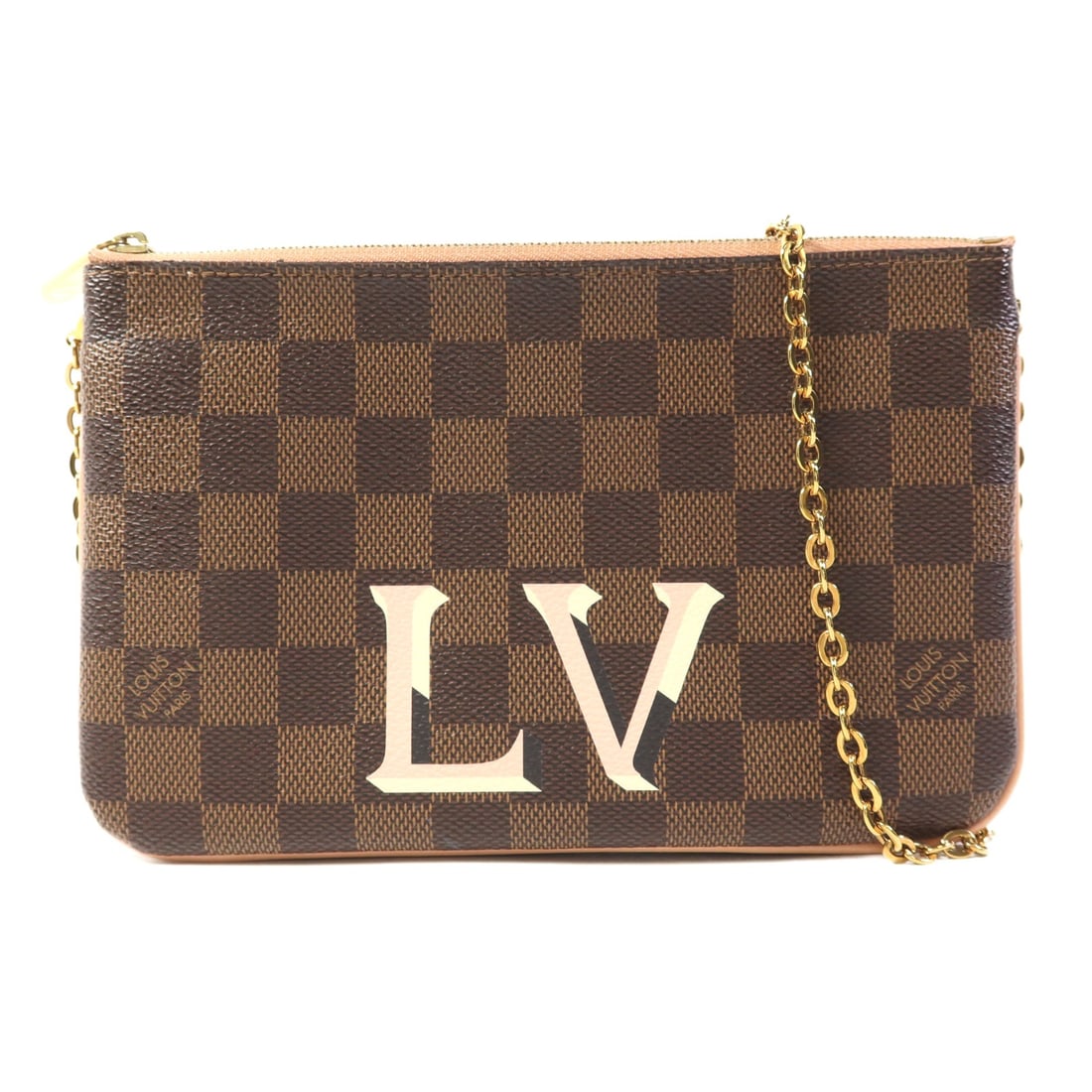 LOUIS VUITTON Double Zip Pochette Chain Shoulder Bag M60254 Damier Brown: LOUIS VUITTON Double Zip Pochette Chain Shoulder Bag M60254 Damier Brown This LOUIS VUITTON Double Zip Pochette Chain Shoulder Bag is crafted from durable PVC coated canvas and features a chic Damier