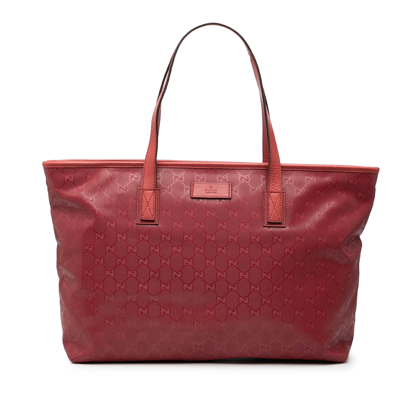 Red Gucci GG Imprime Medium Tote Bag with Leather Trim: Red Gucci GG Imprime Medium Tote Bag with Leather Trim This Gucci Medium GG Imprime Tote showcases a coated canvas body with leather trim, flat leather handles, a top zip closure, and both interior zi
