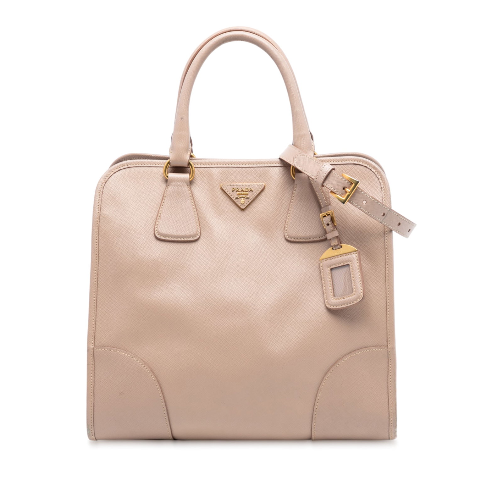 Prada Saffiano Lux Pink Leather Satchel with Removable Strap: Prada Saffiano Lux Pink Leather Satchel with Removable Strap This Prada Saffiano Lux Shopping Tote is crafted from saffiano leather in pink and features rolled leather handles, a detachable flat leath