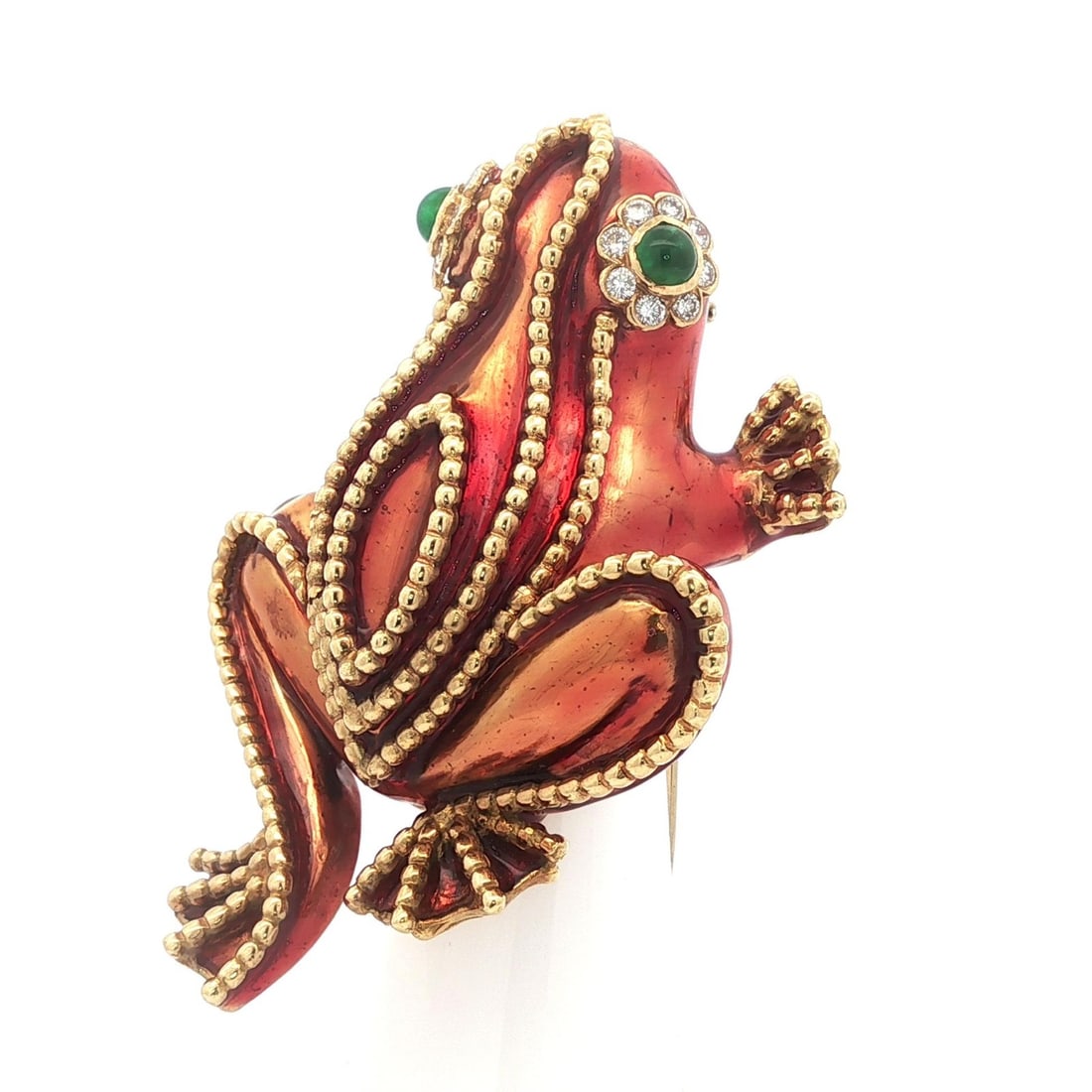 Vintage Emis 18k Gold Frog Brooch with Emerald and Diamond Accents: Vintage Emis 18k Gold Frog Brooch with Emerald and Diamond Accents This exquisite vintage brooch features a captivating frog toad design crafted in solid 18k yellow gold, adorned with vibrant orange e