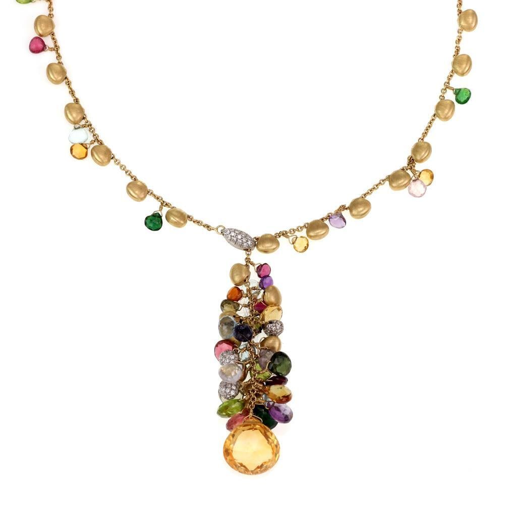 Marco Bicego 18k Gold Multicolor Gemstone Diamond Necklace: Marco Bicego 18k Gold Multicolor Gemstone Diamond Necklace Elevate your jewelry collection with this stunning necklace by Marco Bicego, crafted from luxurious 18k yellow gold. This authentic piece fea