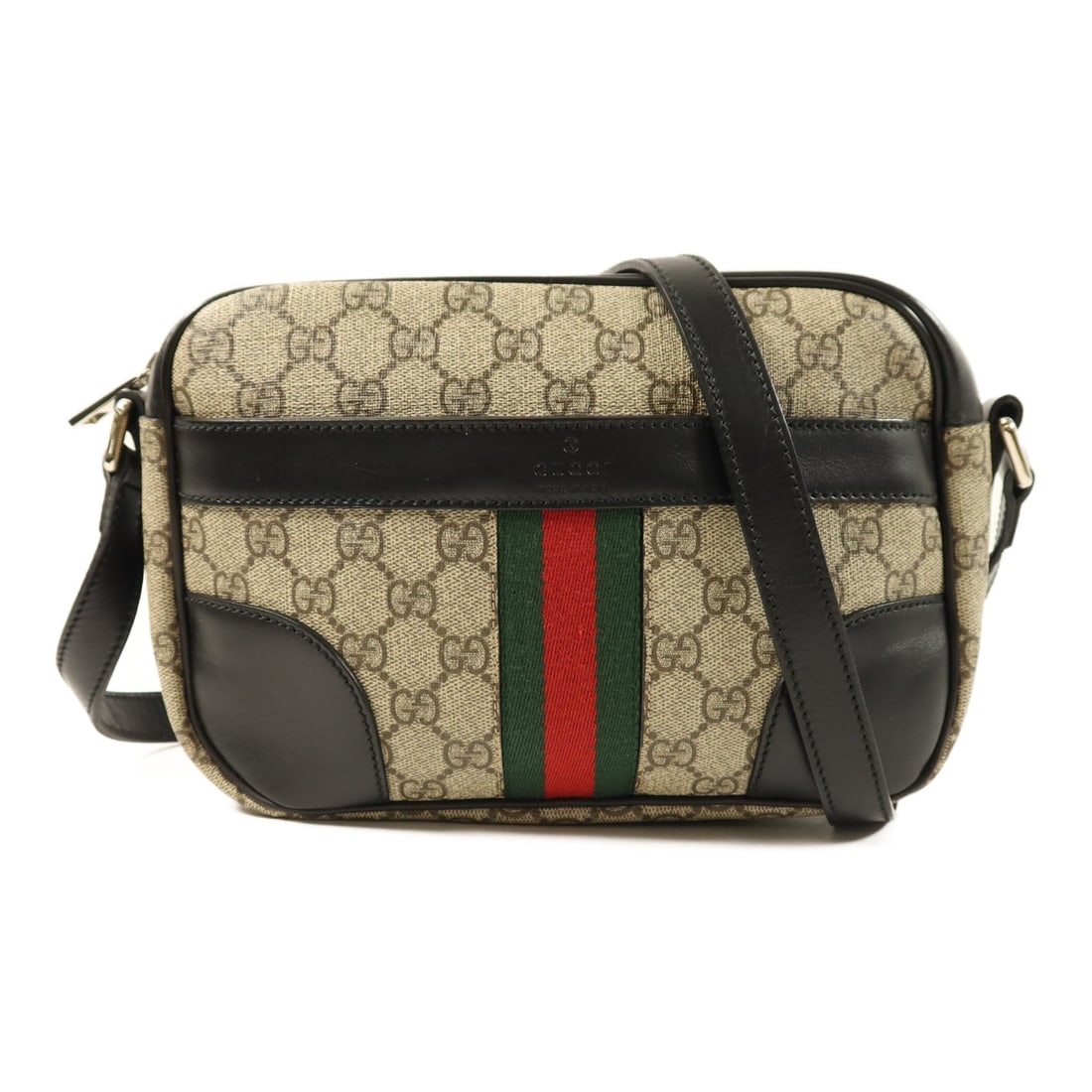 Gucci GG Brown Coated Canvas Messenger Shoulder Bag with Silver Hardware: Gucci GG Brown Coated Canvas Messenger Shoulder Bag with Silver Hardware This GUCCI GG messenger bag is crafted from durable brown PVC coated canvas and features a versatile design suitable for unisex