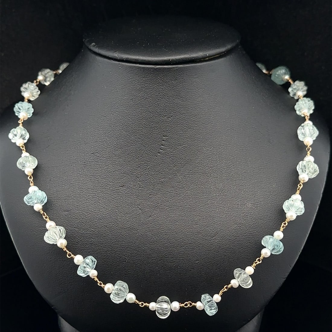 16 Inch 14k Yellow Gold Necklace with GIA Aquamarine Beads and Cultured Pearls: 16 Inch 14k Yellow Gold Necklace with GIA Aquamarine Beads and Cultured Pearls This vintage necklace features alternating carved aquamarine beads and cultured pearls, all set on a solid 14k yellow gol