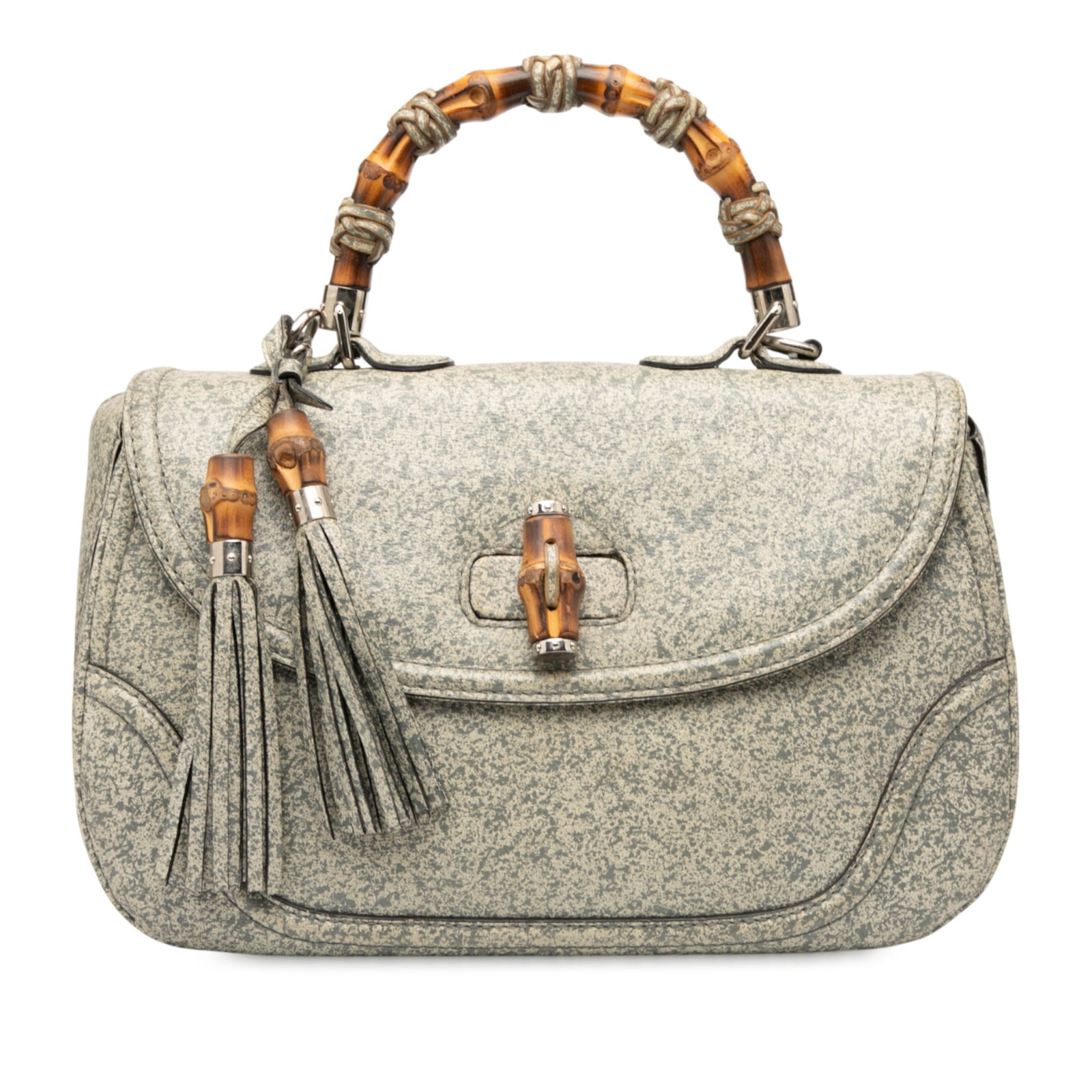 Gucci Large Speckled Leather New Bamboo Top Handle Bag Gray: Gucci Large Speckled Leather New Bamboo Top Handle Bag Gray This Gucci Large Speckled Leather New Bamboo Top Handle Bag is an exquisite blend of style and functionality. Crafted from high-quality leat