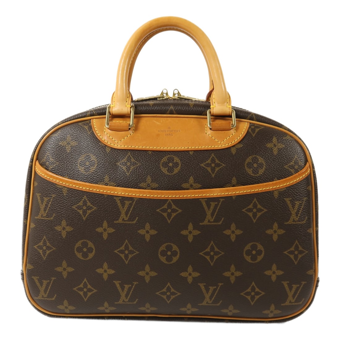 Louis Vuitton Trouville PM Monogram Canvas Handbag with Gold Hardware Brown: Louis Vuitton Trouville PM Monogram Canvas Handbag with Gold Hardware Brown This Louis Vuitton Trouville PM handbag features the iconic Monogram pattern on brown PVC coated canvas. Designed for women,
