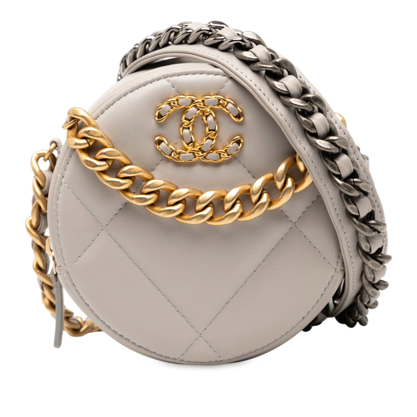 Chanel Lambskin 19 Round Clutch with Chain in Brown Leather: Chanel Lambskin 19 Round Clutch with Chain in Brown Leather Introducing the Chanel Lambskin 19 Round Clutch with Chain, an elegant and stylish accessory crafted from luxurious quilted lambskin leather