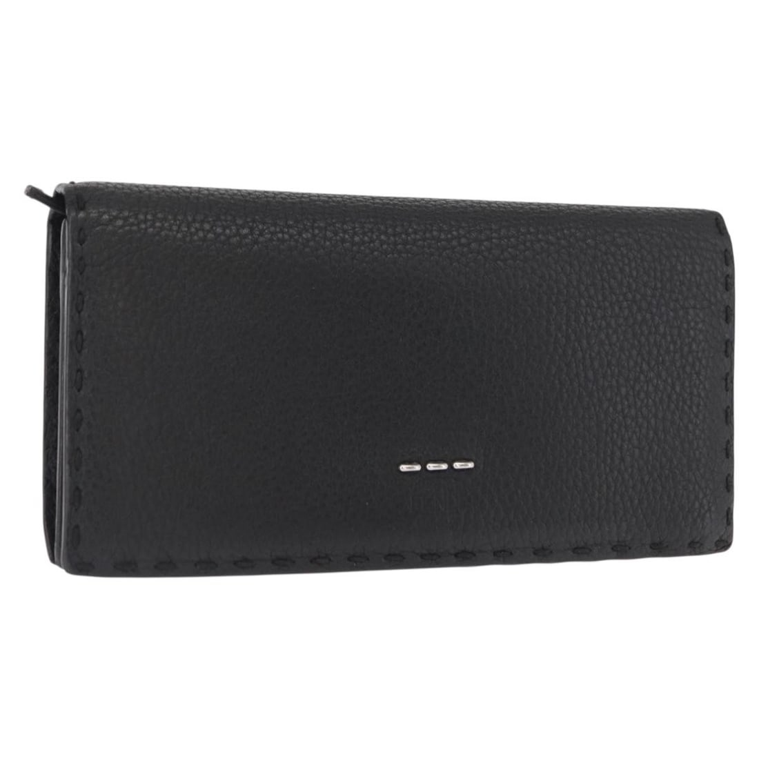 Black Leather Celeria Long Wallet by Fendi with Silver Accents: Black Leather Celeria Long Wallet by Fendi with Silver Accents This FENDI Celeria long wallet is crafted from black leather with silver-tone accents. Designed in a sleek and functional style, it inclu